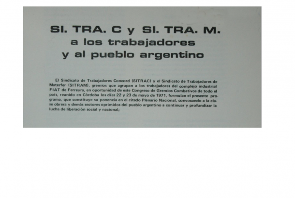 "SiTraC e SiTraM ai lavoratori e al popolo argentino"